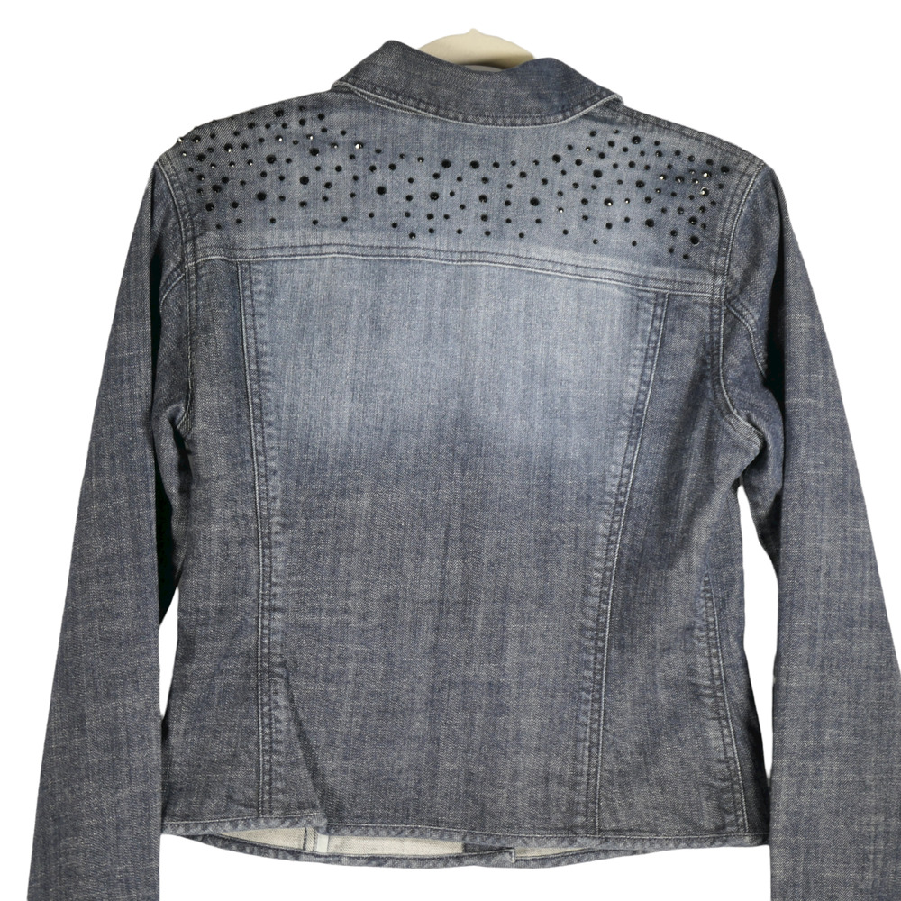 Chico's Platinum Distressed Denim Jacket Womens M Blue Embellished Rhinestones - Picture 8 of 9